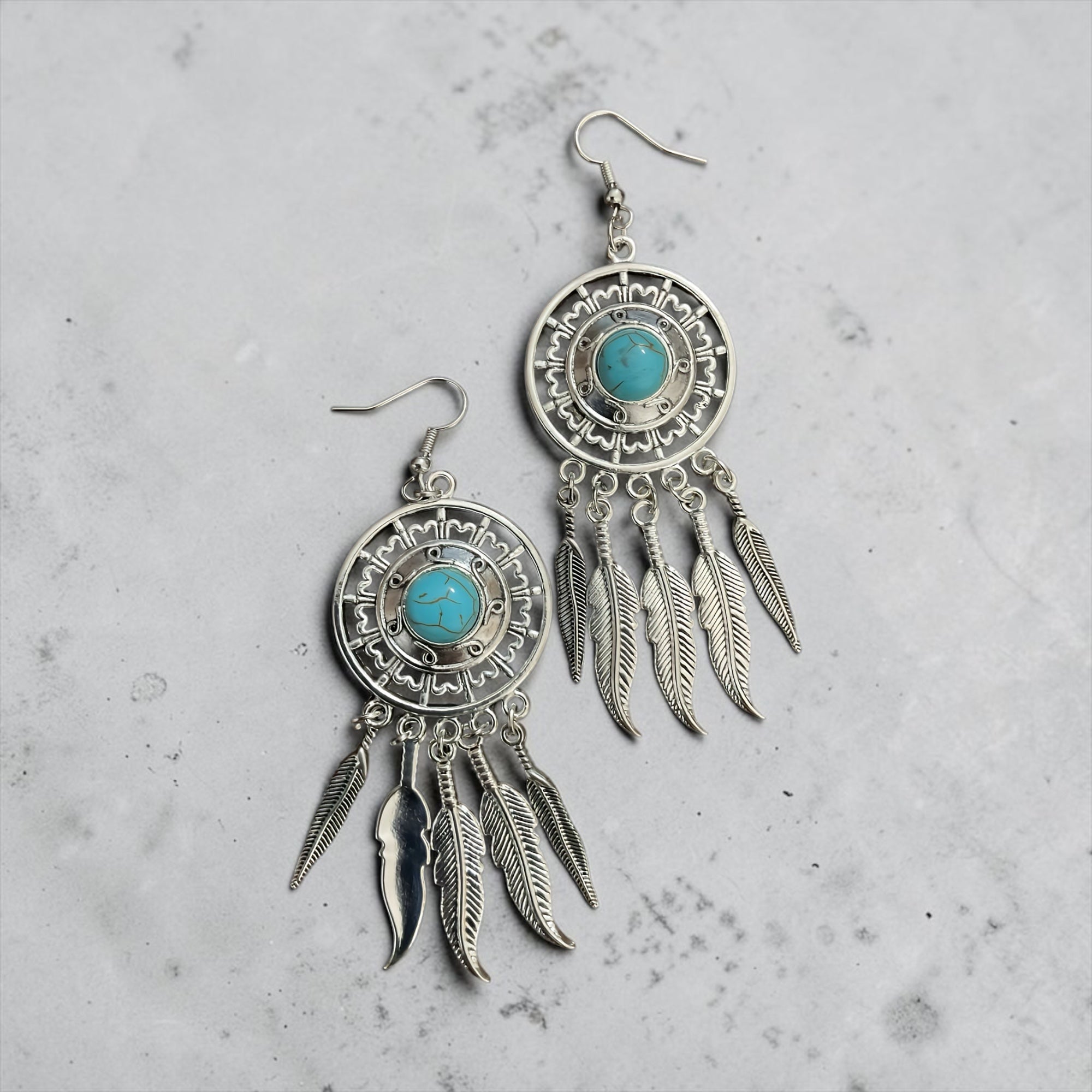 Turquoise Dreamcatcher Feather Drop Earrings