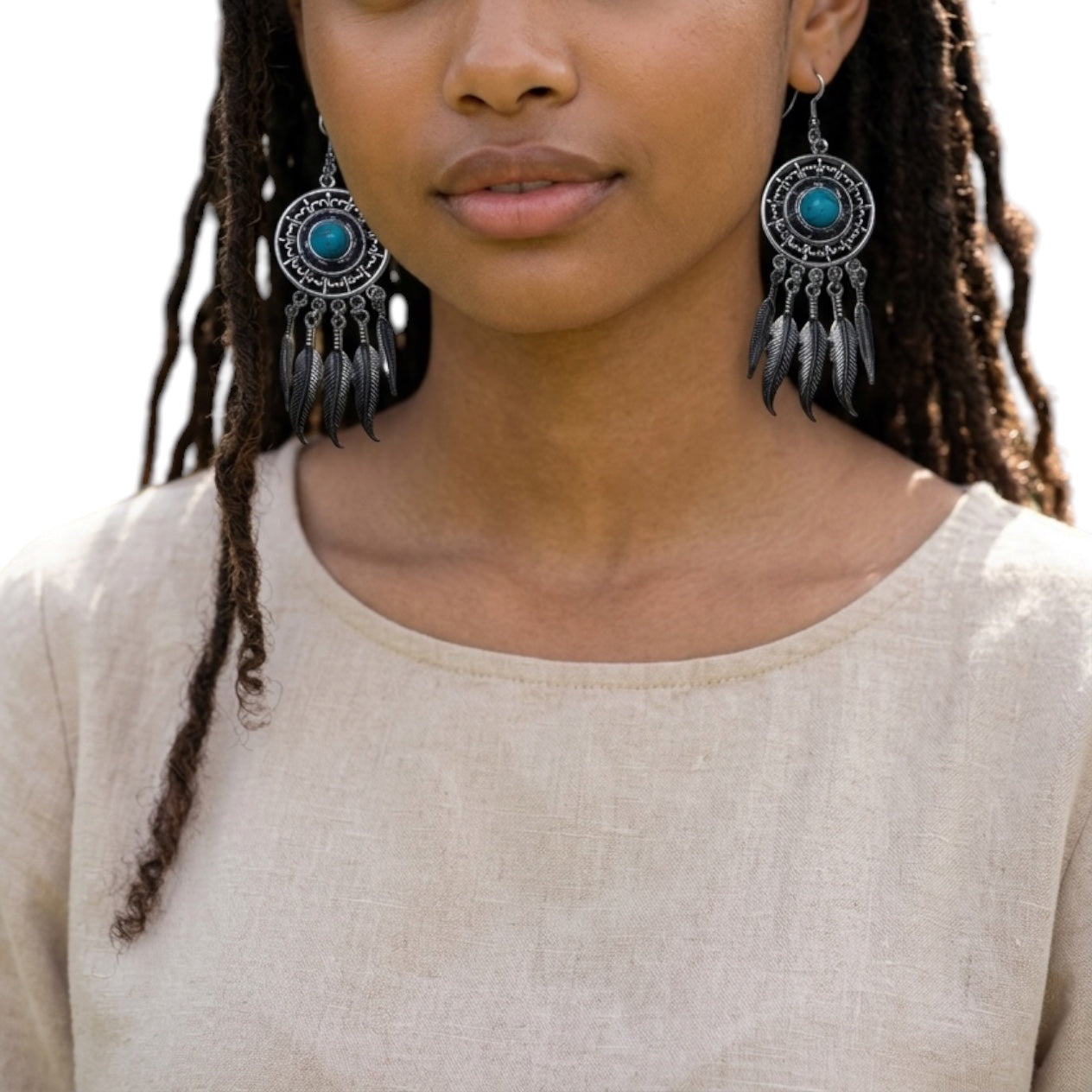 Turquoise Dreamcatcher Feather Drop Earrings