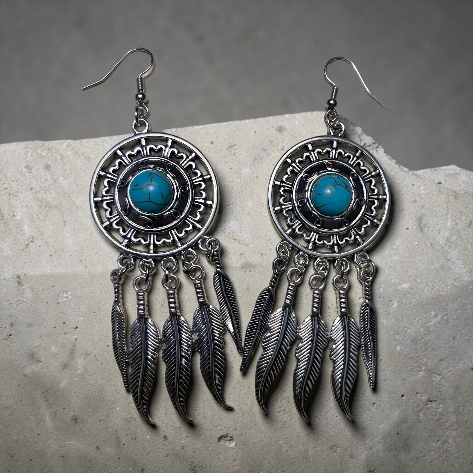 Turquoise Dreamcatcher Feather Drop Earrings